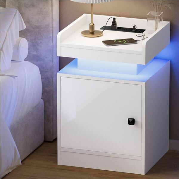 Oikiture Bedside Table LED Nightstand USB Charging Station Side Table White