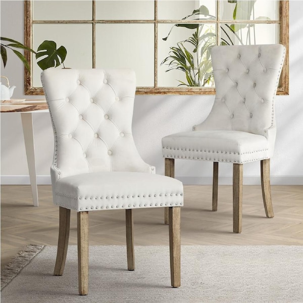 Oikiture 2x Dining Chairs Upholstered French Provincial Tufted Kitchen Cafe Style B/Beige