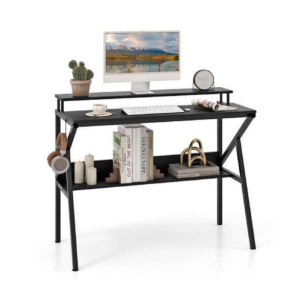 Costway Space Saving Computer Desk w/Monitor Stand Hook & Storage Shelf R-shaped Metal Frame Writing Table Black