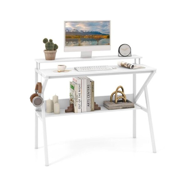 Costway Space Saving Computer Desk w/Monitor Stand Hook & Storage Shelf R-shaped Metal Frame Writing Table White