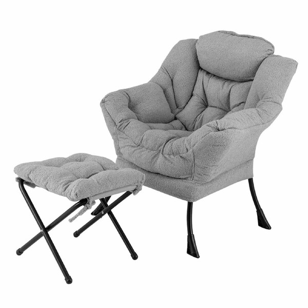 Costway Upholstered Lounge Chair Ottoman Modern Sofa Accent Armchair Couch w/Folding Footstool & Storage Pocket Grey