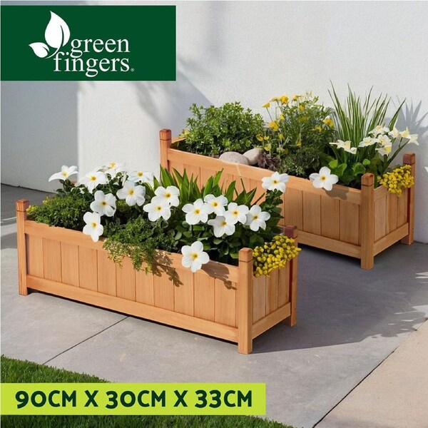 2x Green Fingers Raised Garden Bed 90x30x33cm Wooden Planter Box Raised Container Growing