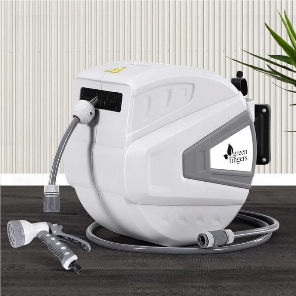 30M Green Fingers Water Hose Reel Retractable Auto Rewind Wall Mount Garden Spray Gun