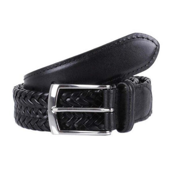 Dents Mens Stretch Plaited Leather Belt - Black/Black Medium