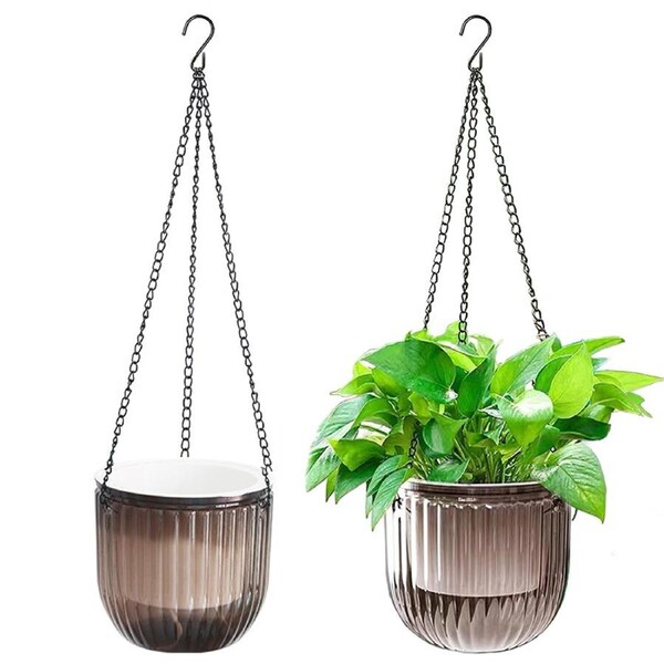 SpringUp 2 Pack Self Watering Hanging Planters Pots 16.5 cm Plant Hanger With Drainage Holes For Garden Home(Grey+Grey)