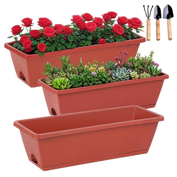 SpringUp 3PCS Plastic Vegetable Flower Planters Window Box Planter Boxe 43X13.5CM Rectangular Flower Pots with Saucers Brick red