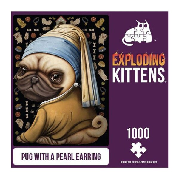 1000pc Exploding Kittens Jigsaw Puzzle Pug w/ a Pearl Earring Kids Game