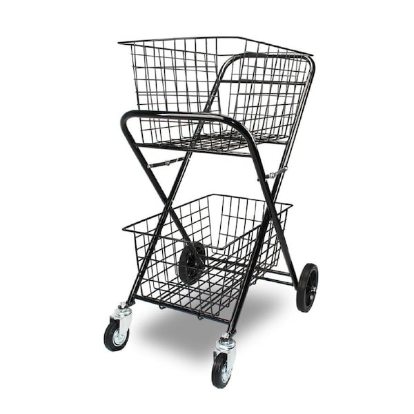 Heavy Duty Double Basket Shopping Trolley Collapsible Folding Metal Tennis Ball Cart for Tennis Ball Storage, Shopping and Laundry