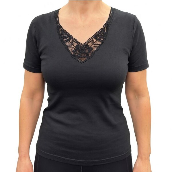 Thermo Fleece® Ladies Short Sleeve Thermal Top T Shirt w/Lace Motif - Black XXL