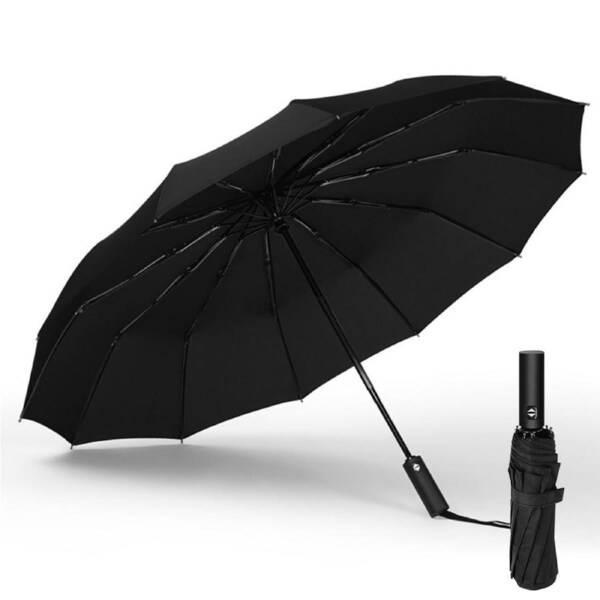 12 Ribs Automatic Folding Umbrella Windproof Auto Open Black