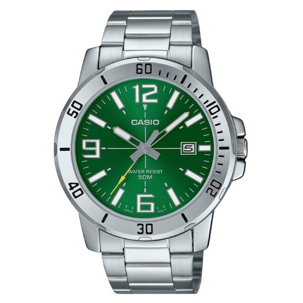 Casio Stainless Steel Green Dial Date Quartz MTP-VD01D-3BV 50M Analog Mens Watch