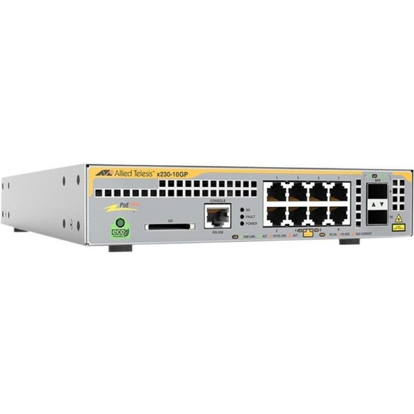 Allied Telesis L2+ switch with 8 x 10/100/1000T PoE ports and 2 x 100/1000X SFP ports AU Power Cord