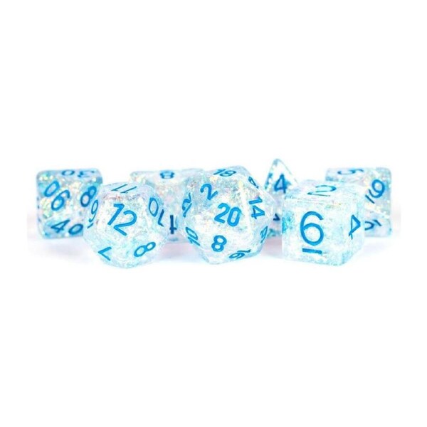 7pc Fanroll by Metallic Resin Flash Dice Set 16mm Clear w/ Light Blue Numbers