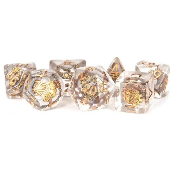 7pc Fanroll by Metallic Resin/Poly RPG Tabletop Gaming Dice Set 16mm Gear Clear