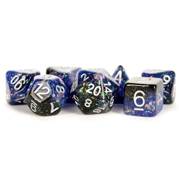 7pc Fanroll by Metallic Resin/Poly Eternal RPG Tabletop Dice Set 16mm Blue/Black