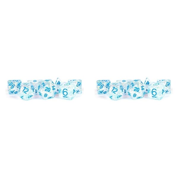 14pc Fanroll by Metallic Resin Flash Dice Set 16mm Clear w/ Light Blue Numbers
