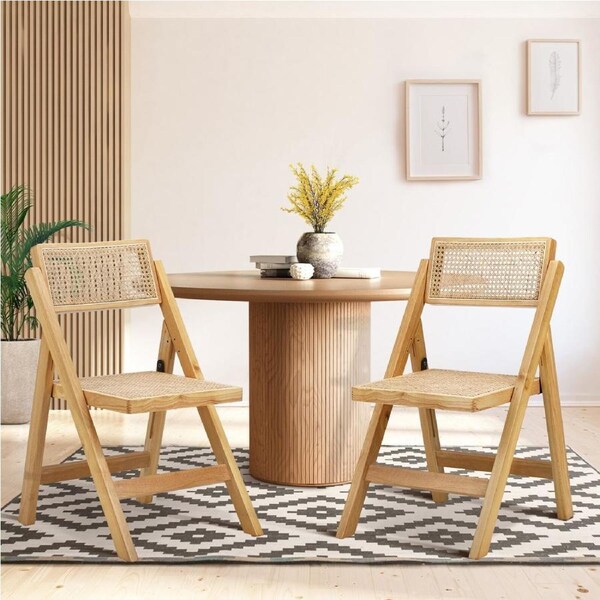Oikiture 2x Dining Chairs Folding Rattan Chair Wooden Accent Chair Natural