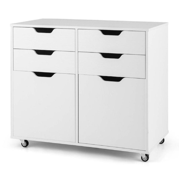 Costway 4-Drawer Dresser Chest w/2 Doors Mobile Wood Filing Storage Cabinet Home Office Rolling Printer Stand