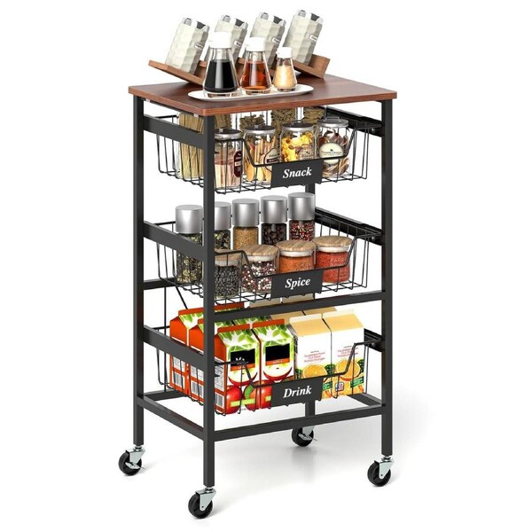 Costway 4-Tier Kitchen Storage Drawer Cart w/Pull-out Baskets & DIY Chalk Labels Mobile Utility Trolley for Snacks