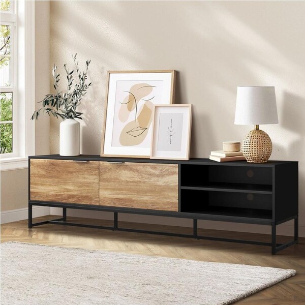 Oikiture TV Cabinet Entertainment Unit Stand Storage Shelves 180cm Black & Natural