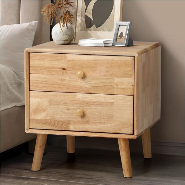 Oikiture Bedside Table 2 Drawers Side Tables Storage Nightstand Rubber Wood