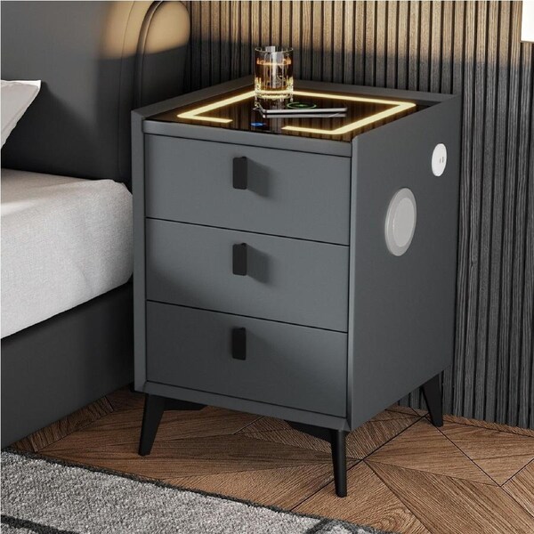 Oikiture Smart Bedside Table Wireless Charging LED Lights 3 Drawers Nightstand