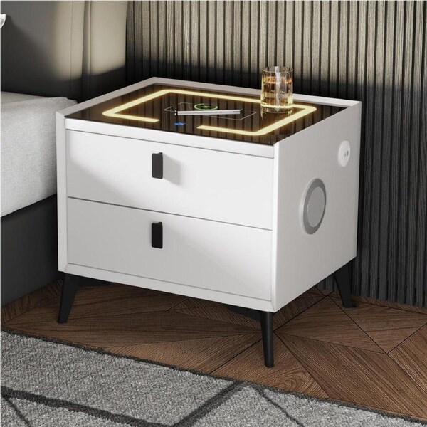 Oikiture Smart Bedside Table LED Wireless Charging 2 Drawers Nightstand White