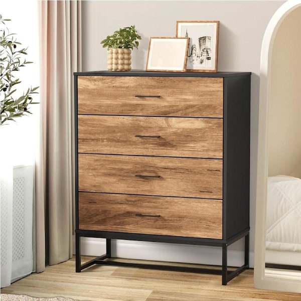Oikiture 4 Chest of Drawers Storage Cabinet Dresser Table Tallboy Metal Black