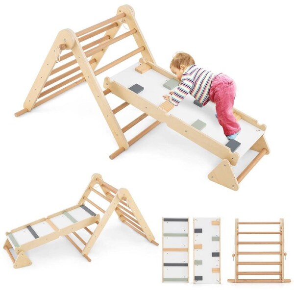 Babyjoy Climb Playset 3-in-1 Pikler Triangle Climbing Set Kids Montessori Toys w/Dual-Side Ramp Foldable Wooden Climber