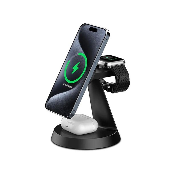 3 in 1 Magnetic Wireless Charging Station for iPhone 16/15/14/13/12 Series Charger for Multiple Apple Devices Apple Watch AirPods F9 Black