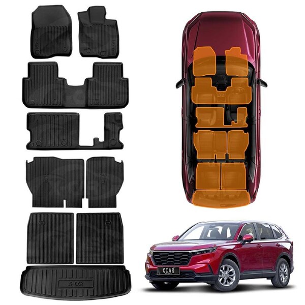3D Floor Mats Boot Liner Set for Honda CRV CR-V 7 Seats 2023-Onwards All Weather Heavy Duty TPE Cargo Kick Mats Back Seat Protector Cover
