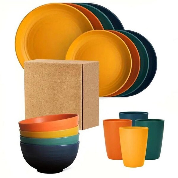 16Pcs Wheat Straw Dinnerware Serving Set Unbreakable Tableware Plates Microwave