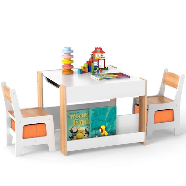 Costway 4-in-1 Storage Table & Chair Set Wood Activity Desk Chair w/Reversible Blackboard & Shelf Natural