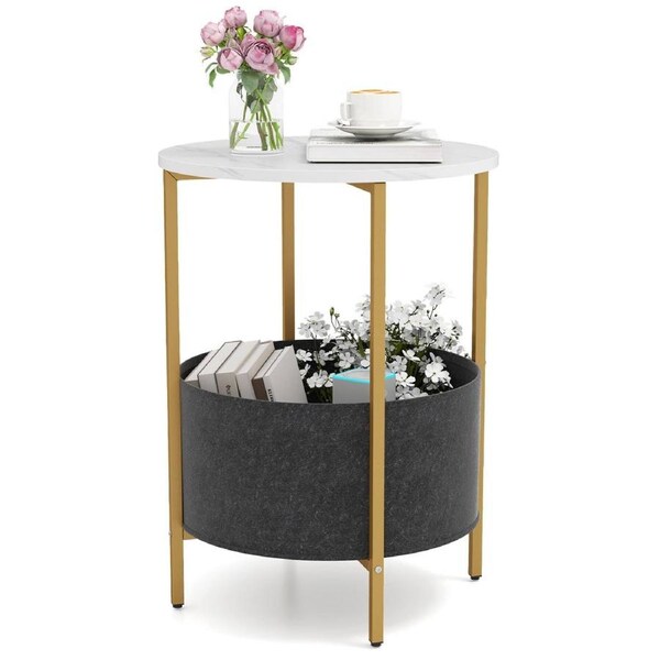 Costway 2-Tier Round Sofa Side End Table w/Storage Basket Metal Frame Accent Coffee Table Nightstand White