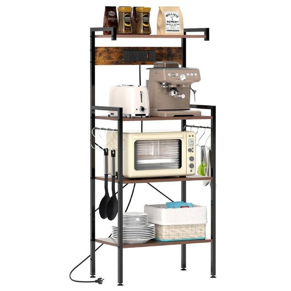 Costway 4-Tier Kitchen Bakers Rack w/Power Outlet & 8 S-Hooks Utility Storage Shelf Metal Microwave Stand Coffee Bar