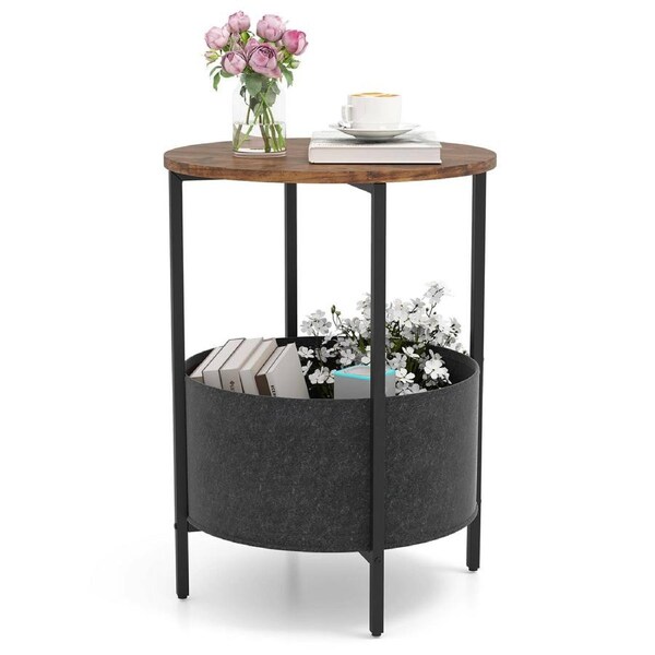 Costway 2-Tier Round Sofa Side End Table w/Storage Basket Metal Frame Accent Coffee Table Nightstand Black