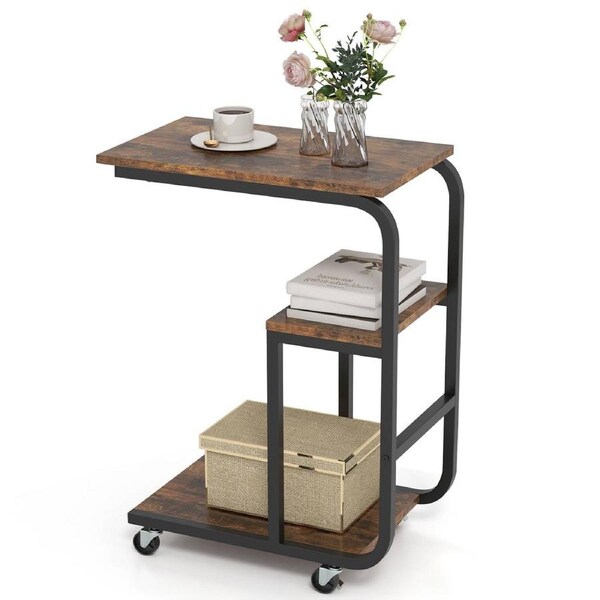 Costway C-shaped End Table Space-saving Couch Table w/Open Shelves Industrial Metal Frame Sofa Side Table