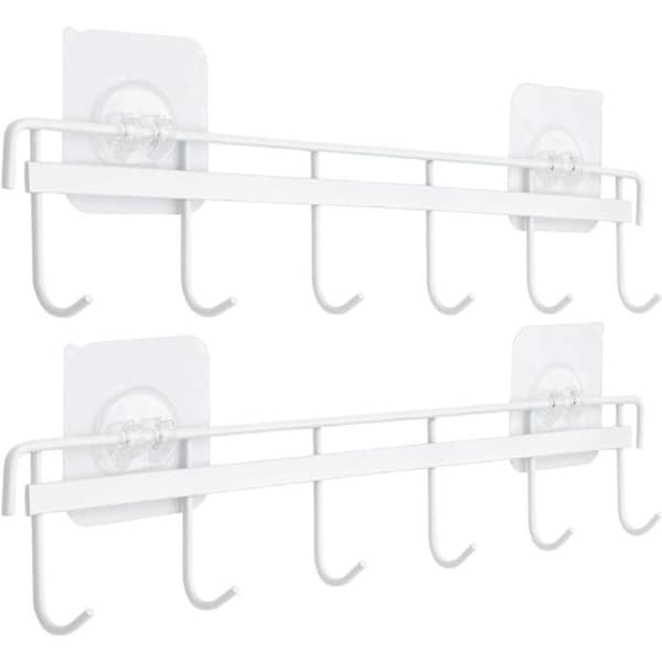 Yizhi 2 Pack Adhesive Wall Hooks Utensil Holder Rack Kitchen Rail, Space Saving Utensil Hanger No Drilling Wall Mounted Accessory Hanger with 6 Hooks for Kitchen Bathroom Bedroom