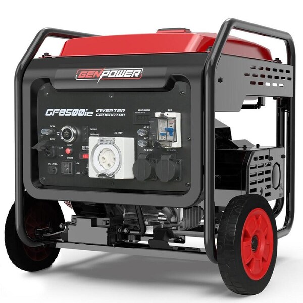 GENPOWER 8.5kW Peak 7.2kw Open Frame Inverter Generator, Push-Button Start, 2x15A, 1x32A, 20L Tank, Wheels, RCD, Portable, Backup