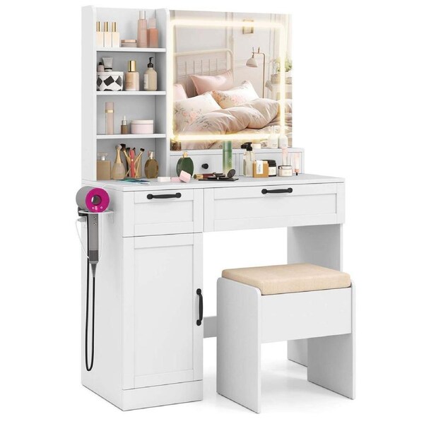Giantex Dressing Table and Stool Set Vanity Set w/Charging Station Makeup Desk White