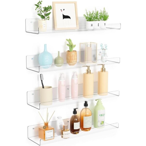 4 Pack Shelves for Wall Storage, 15" Floating Bookshelves for Kids, Display Shelf Organizer for Bathroom, Living Room, Kitchen