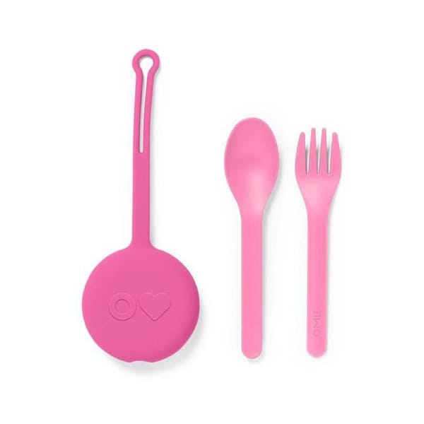 3pc OmiePod Reusable Silicone Cutlery Spoon & Fork w/ Storage Set Bubble Pink