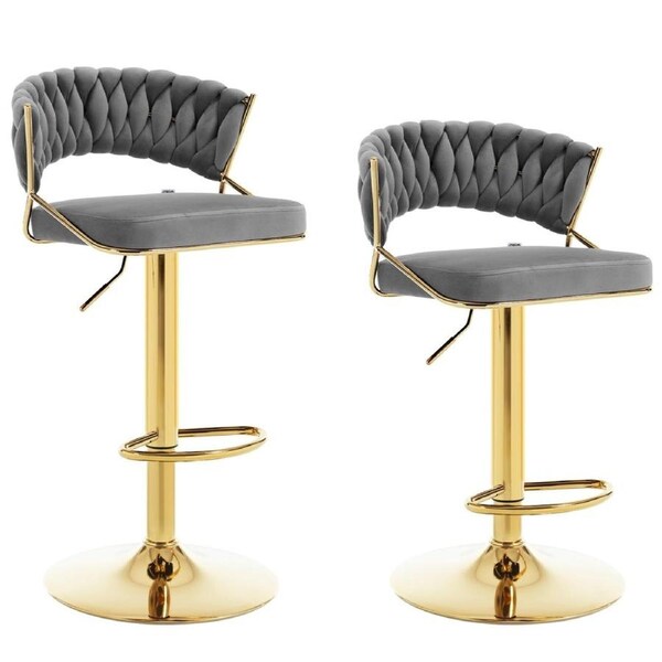 SERENITà Grey Velvet Padded Golden Round Base Barstools Chairs x 2