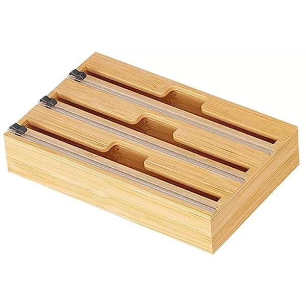 Bamboo Food Wrap Dispenser Cutter Foil Cling Film Storage Holder Box Kitchen
