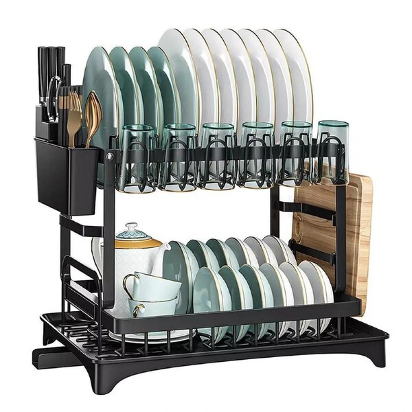Dish Drainer Drying Rack With Cup Holder Cutlery Tray Kitchen Organiser - 2 Tier