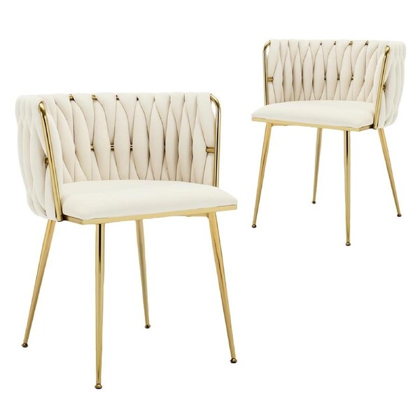 Set of 2 Velvet Upholstered Woven Dining Chairs with Golden Metal Legs, Beige