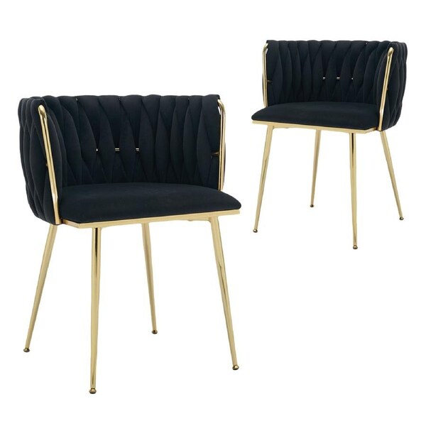 Set of 2 Velvet Upholstered Woven Dining Chairs with Golden Metal Legs, Black