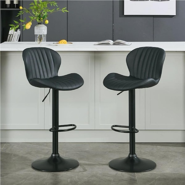 Set of 2 Modern Faux Leather Swivel Bar Stools, Black