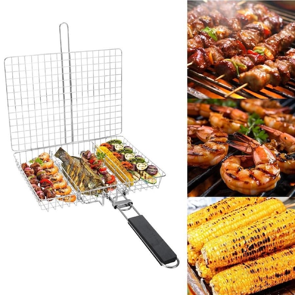 Large Portable Grill Basket Stainless Steel BBQ Grilling Basket with Removable Handle Dividers
