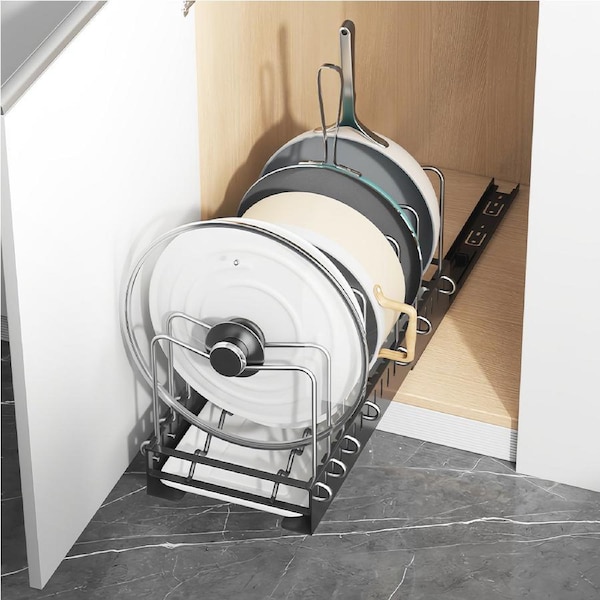 Black Pull out Pot Rack Sliding Kitchen Pans Storage With Drain Rack Pot Lid Tray Holder